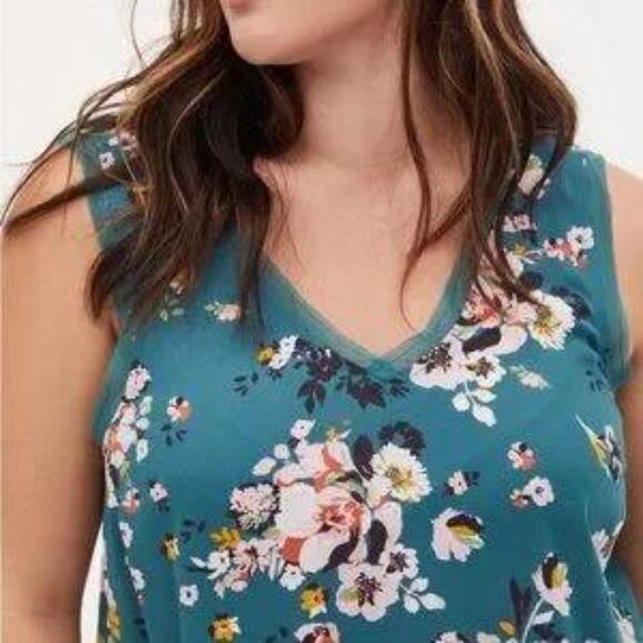 TORRID 0 Teal Frayed Georgette V-Neck Sheer Sleeveless Career Tank Large 12 - Picture 2 of 10